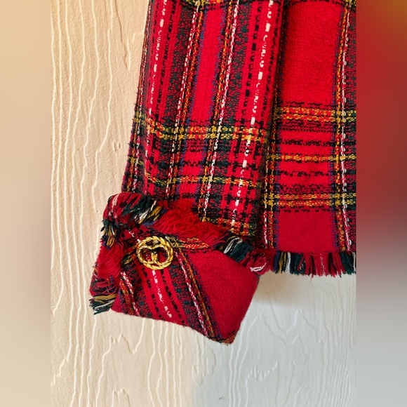 Vintage Red Tweed Plaid Knit Woven Raw Hem Fringe Blazer Jacket Gold Buttons - Picture 8 of 12